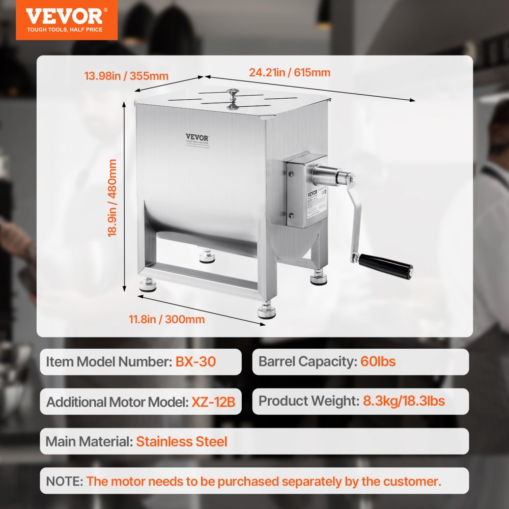 VEVOR Manual Meat Mixer 60L Fixed Tank Mixing Max 60LB for Meat Sausage Mixer
