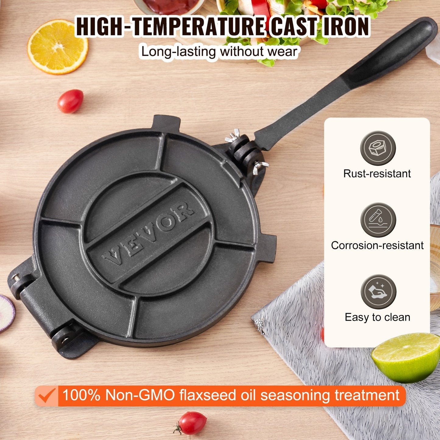Heavy-Duty 25 cm Cast Iron Tortilla & Roti Maker with Parchment Papers