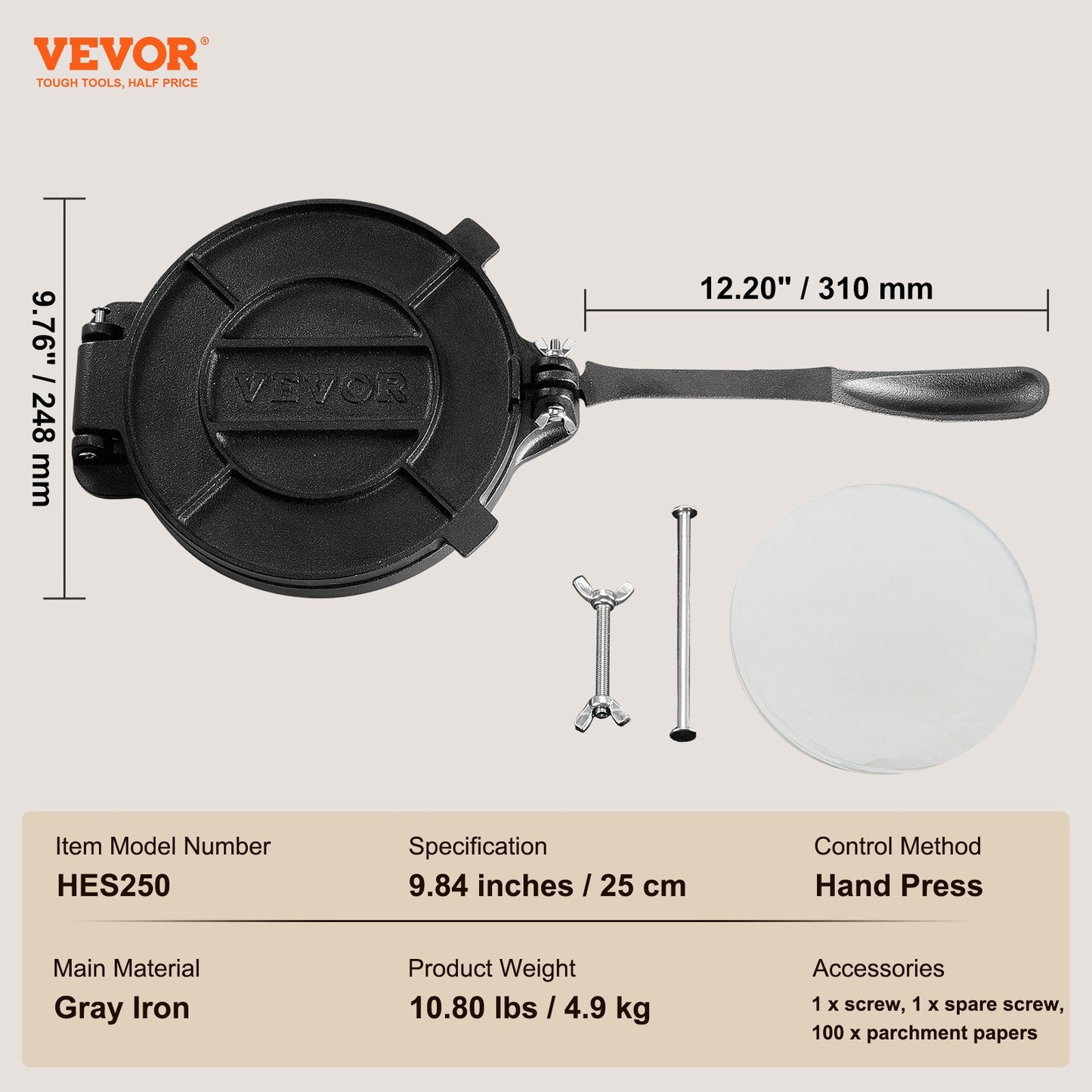 VEVOR Tortilla Press, 10 Inch Tortilla and Roti Maker, Cast Iron Heavy Duty Tortilladora