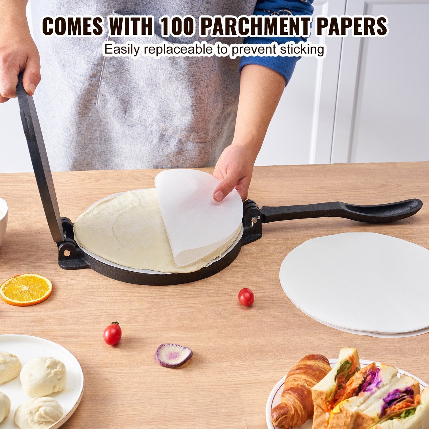 Heavy-Duty 20 cm Cast Iron Tortilla & Roti Maker with Parchment Paper