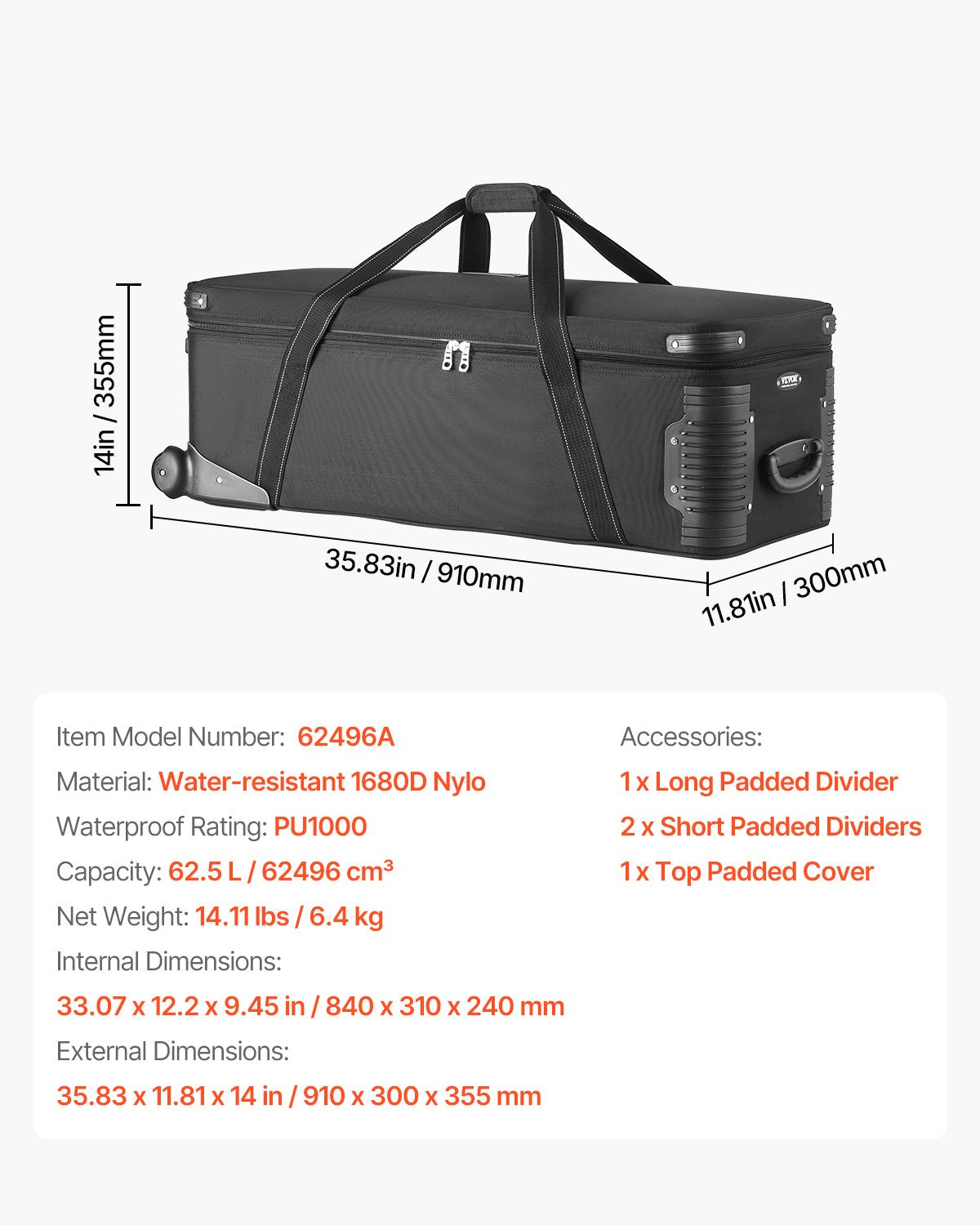 VEVOR Studio Equipment Trolley Case 91 x 30 x 35.5 cm Rolling Camera Bag