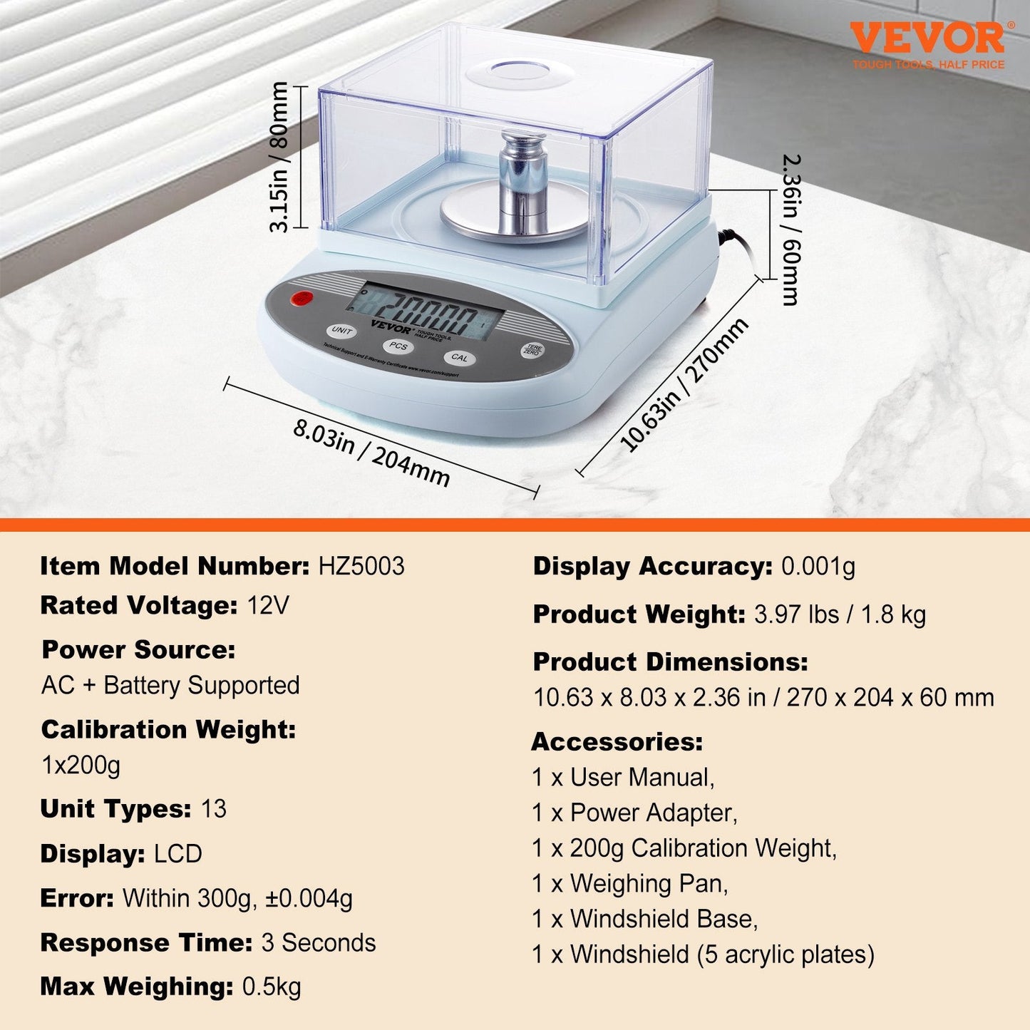 High Precision Lab Scale 0.5 kg x 0.001 g with LCD and Windshield