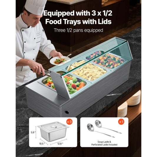 Commercial Food Warmer 3-Pan 1500W Buffet Bain Marie with Glass Cover