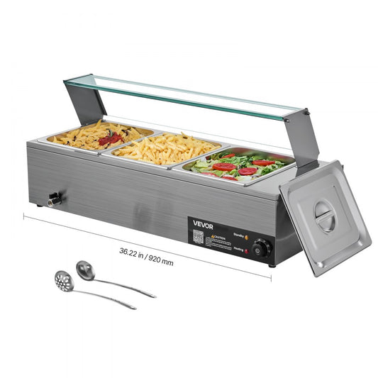 Commercial Food Warmer 3-Pan 1500W Buffet Bain Marie with Glass Cover