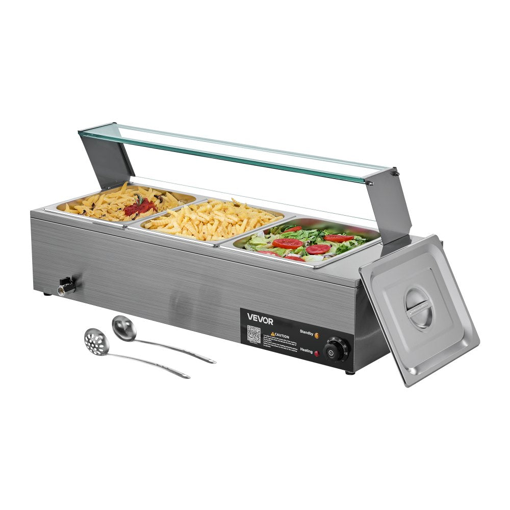 Commercial Food Warmer 3-Pan 1500W Buffet Bain Marie with Glass Cover