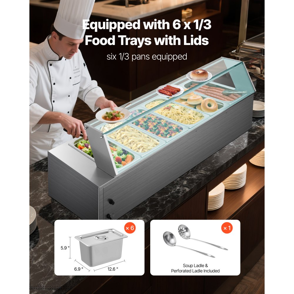 Commercial Food Warmer 6 x 1/3 Size Pans Buffet Bain Marie with Glass Cover