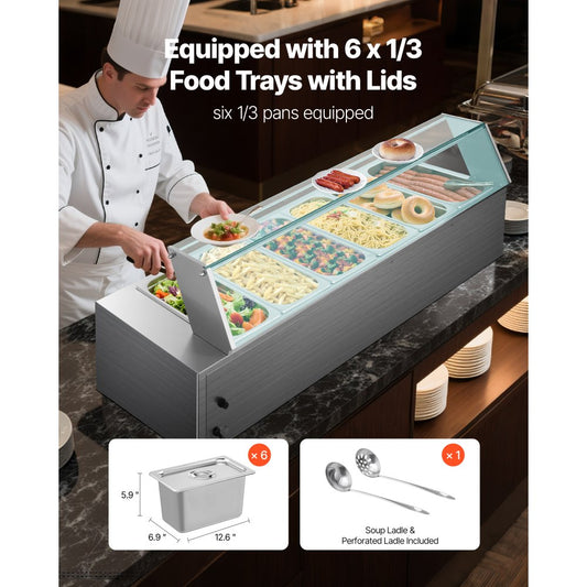 Commercial Food Warmer 6 x 1/3 Size Pans Buffet Bain Marie with Glass Cover