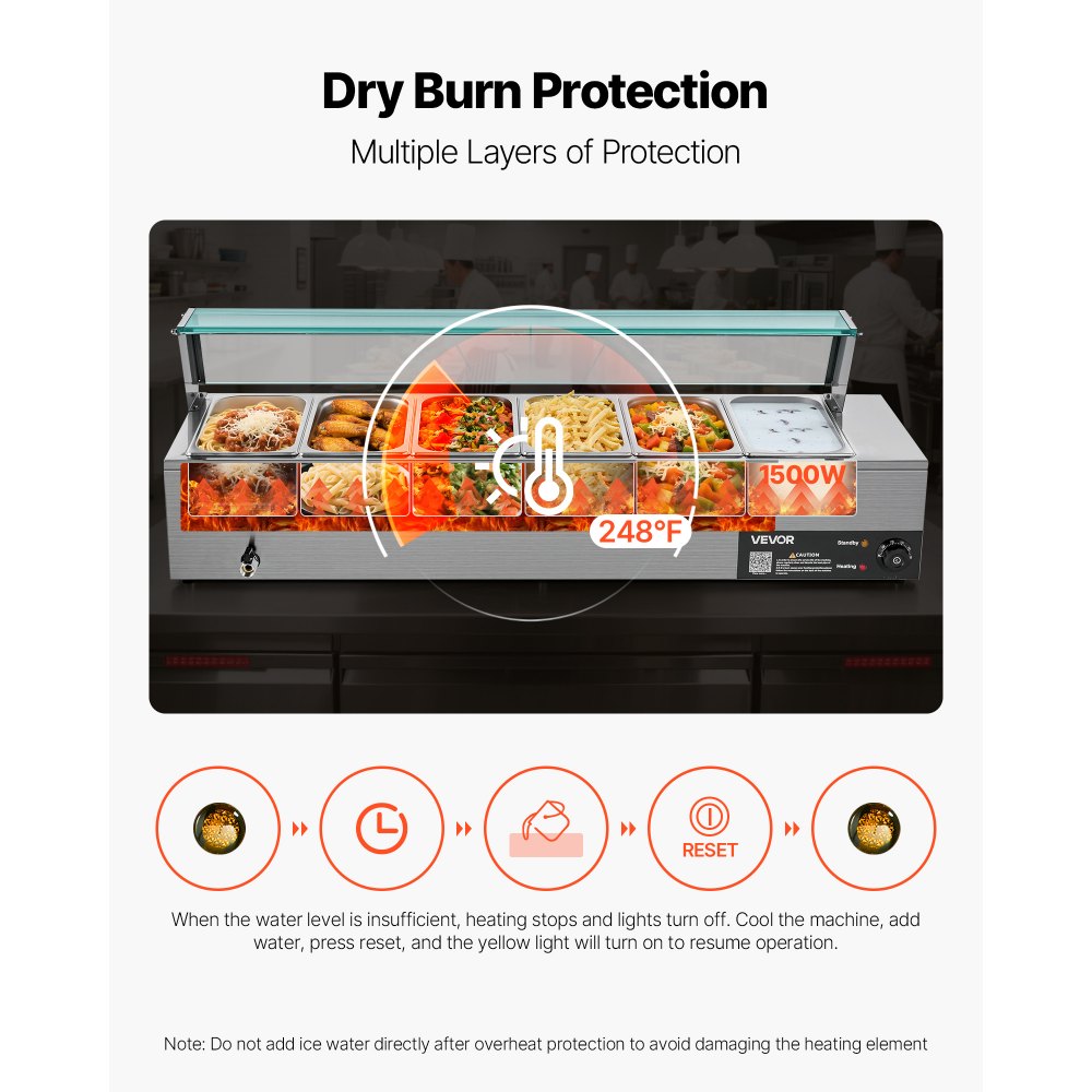 Commercial Food Warmer 6 x 1/3 Size Pans Buffet Bain Marie with Glass Cover