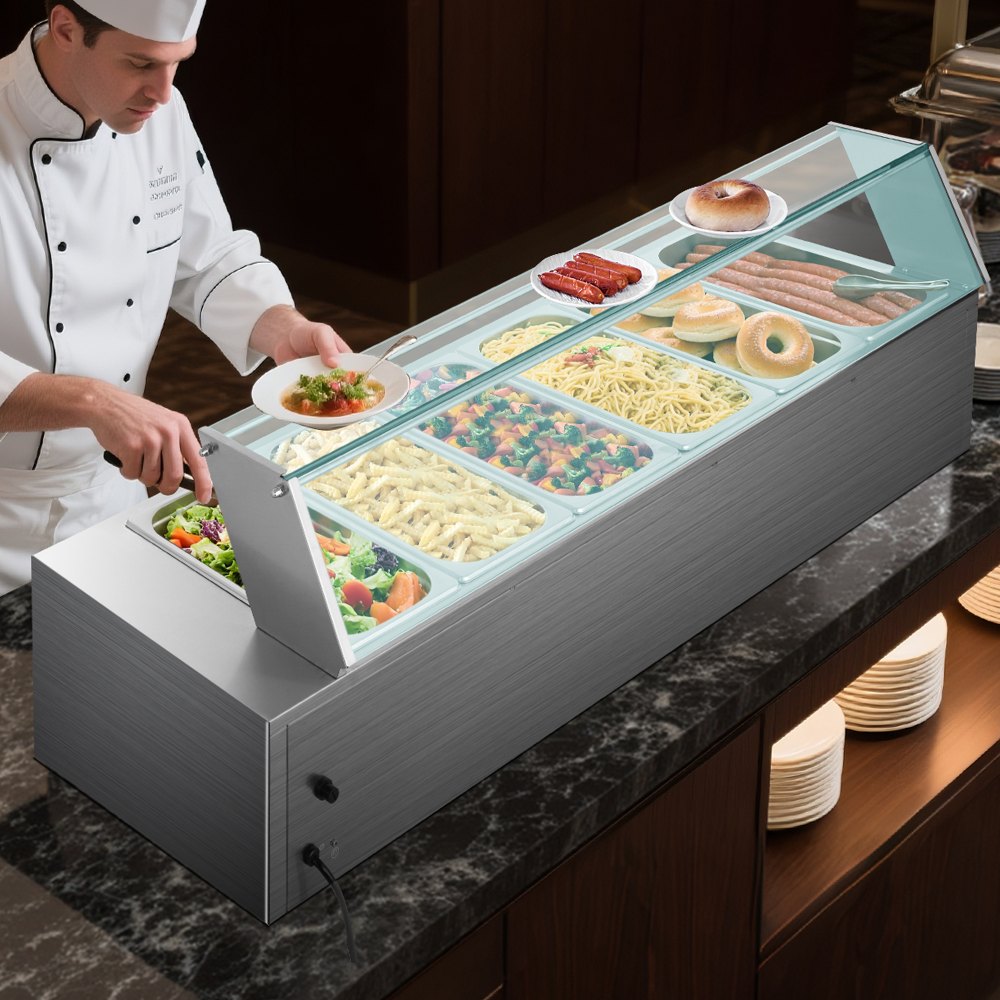Commercial Food Warmer 6 x 1/3 Size Pans Buffet Bain Marie with Glass Cover