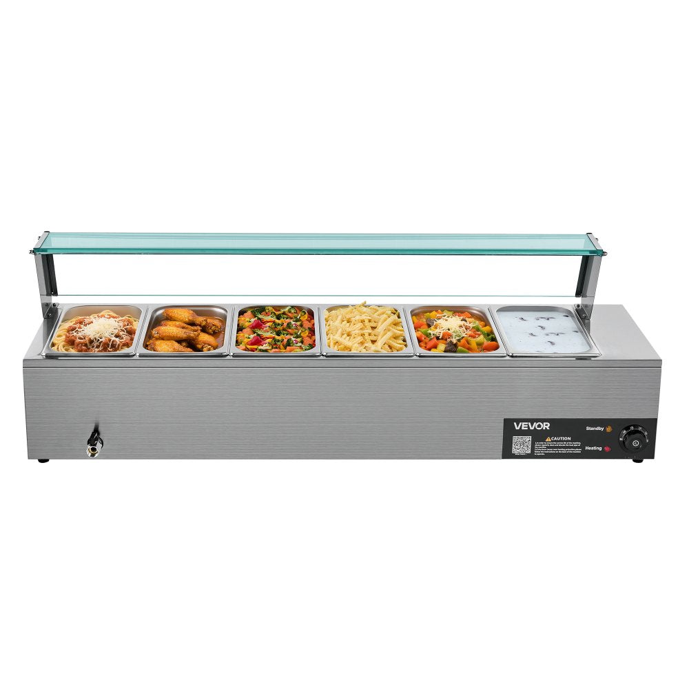 Commercial Food Warmer 6 x 1/3 Size Pans Buffet Bain Marie with Glass Cover