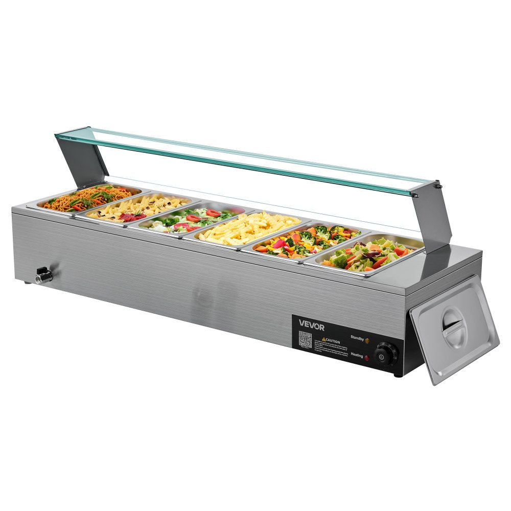 Commercial Food Warmer 6 x 1/3 Size Pans Buffet Bain Marie with Glass Cover