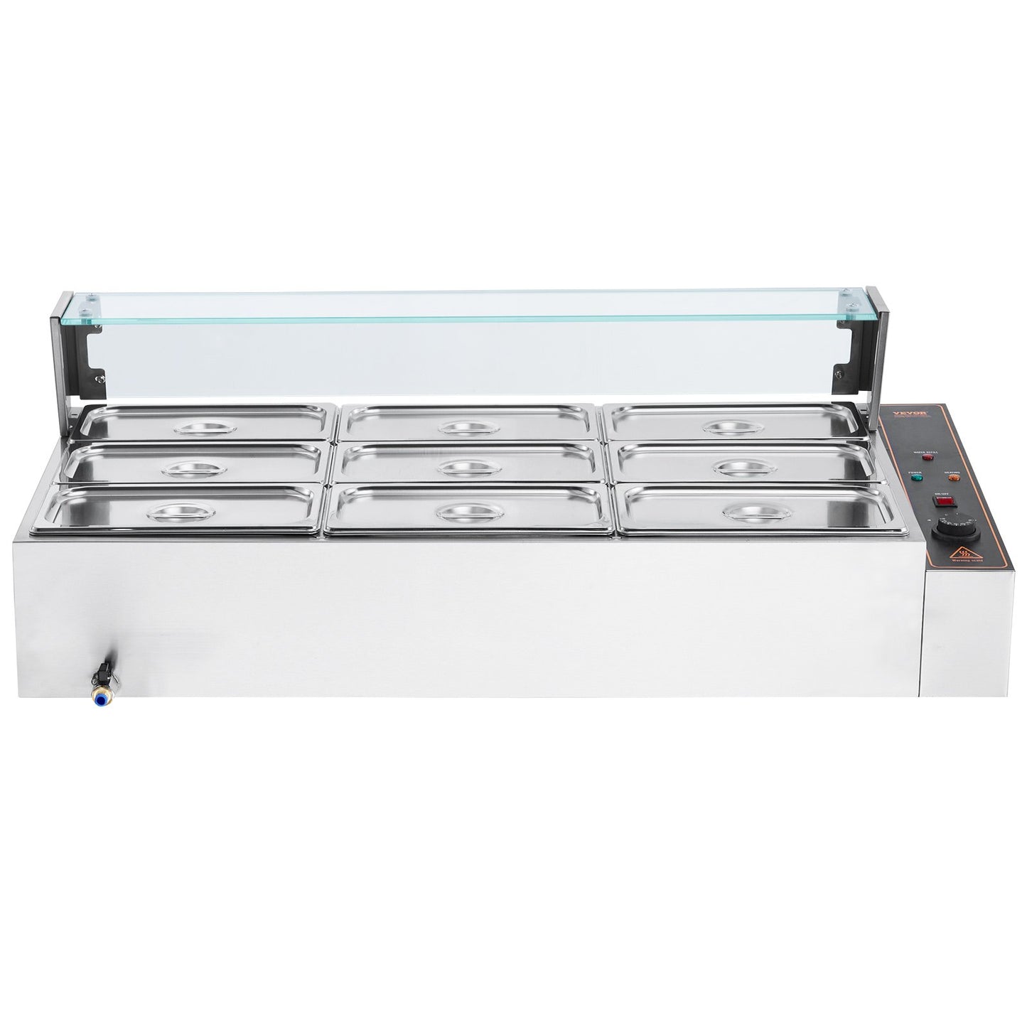 Commercial Food Warmer, 1500W Electric Stainless Steel Steam Food Warmer with Glass Cover, 9-Pan Countertop Buffet Bain Marie with Soup & Perforated Ladles, for Catering, Restaurant & Party