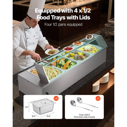 Commercial Food Warmer 4-Pan 1500W Buffet Bain Marie with Glass Cover