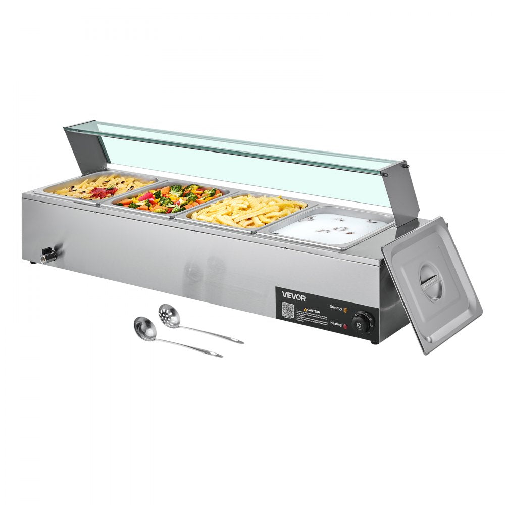 Commercial Food Warmer 4-Pan 1500W Buffet Bain Marie with Glass Cover