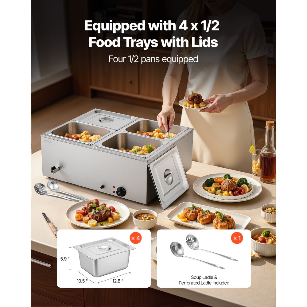 Commercial Food Warmer, 1500W Electric Stainless Steel Steam Food Warmer with Lid, 4-Pan Fast Heating Countertop Buffet Bain Marie with Soup & Perforated Ladles, for Catering, Restaurant, Party