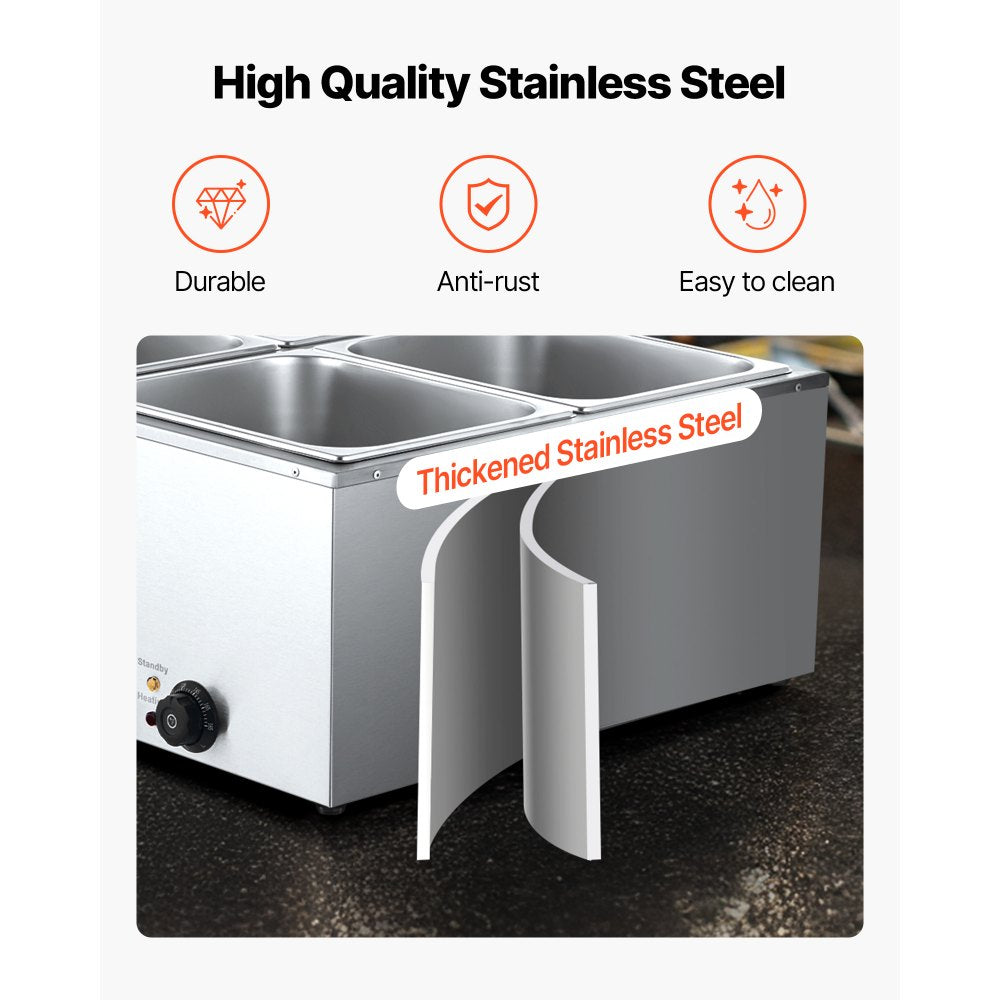 Commercial Food Warmer, 1500W Electric Stainless Steel Steam Food Warmer with Lid, 4-Pan Fast Heating Countertop Buffet Bain Marie with Soup & Perforated Ladles, for Catering, Restaurant, Party