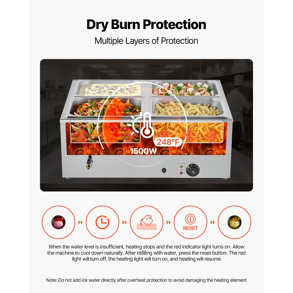 Commercial Food Warmer, 1500W Electric Stainless Steel Steam Food Warmer with Lid, 4-Pan Fast Heating Countertop Buffet Bain Marie with Soup & Perforated Ladles, for Catering, Restaurant, Party