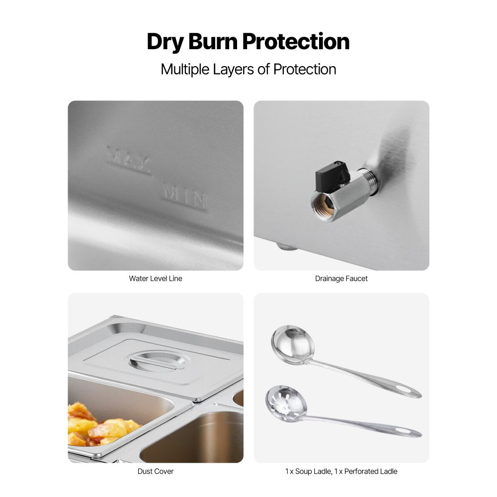 Commercial Food Warmer, 1500W Electric Stainless Steel Steam Food Warmer with Lid, 4-Pan Fast Heating Countertop Buffet Bain Marie with Soup & Perforated Ladles, for Catering, Restaurant, Party