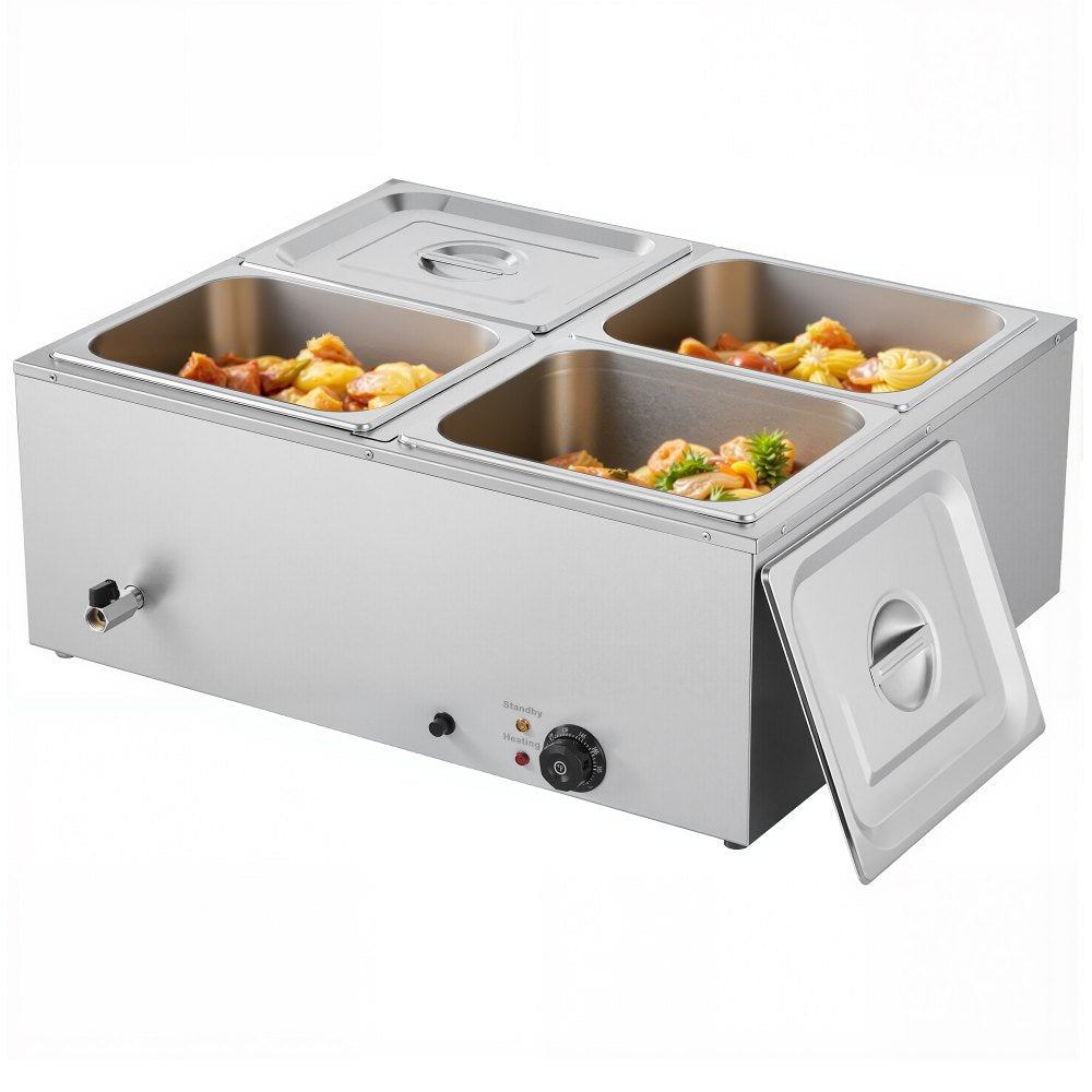 Commercial Food Warmer, 1500W Electric Stainless Steel Steam Food Warmer with Lid, 4-Pan Fast Heating Countertop Buffet Bain Marie with Soup & Perforated Ladles, for Catering, Restaurant, Party