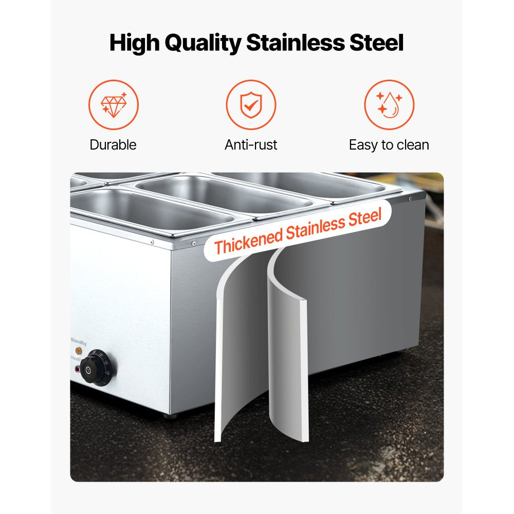 Commercial Food Warmer, 1500W Electric Stainless Steel Steam Food Warmer with Lid, 6-Pan Fast Heating Countertop Buffet Bain Marie with Soup & Perforated Ladles, for Catering, Restaurant, Party