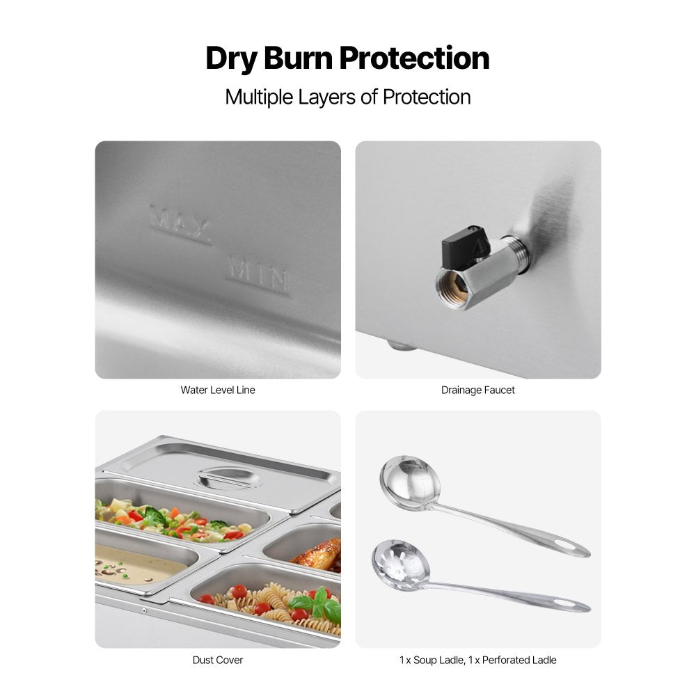 Commercial Food Warmer, 1500W Electric Stainless Steel Steam Food Warmer with Lid, 6-Pan Fast Heating Countertop Buffet Bain Marie with Soup & Perforated Ladles, for Catering, Restaurant, Party