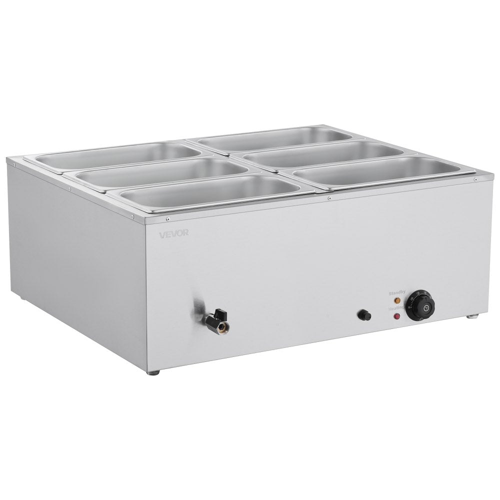 Commercial Food Warmer, 1500W Electric Stainless Steel Steam Food Warmer with Lid, 6-Pan Fast Heating Countertop Buffet Bain Marie with Soup & Perforated Ladles, for Catering, Restaurant, Party