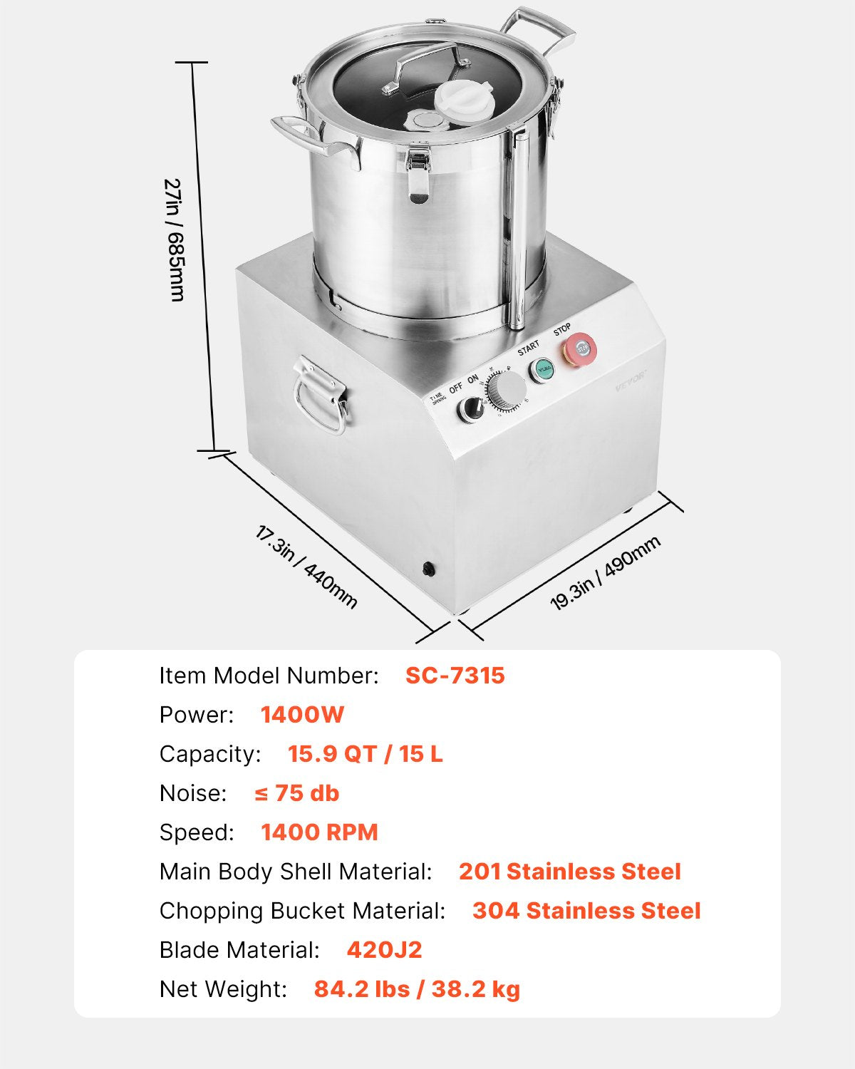 VEVOR Food Processor & Vegetable Chopper 15L Food-Grade Stainless Steel Blender