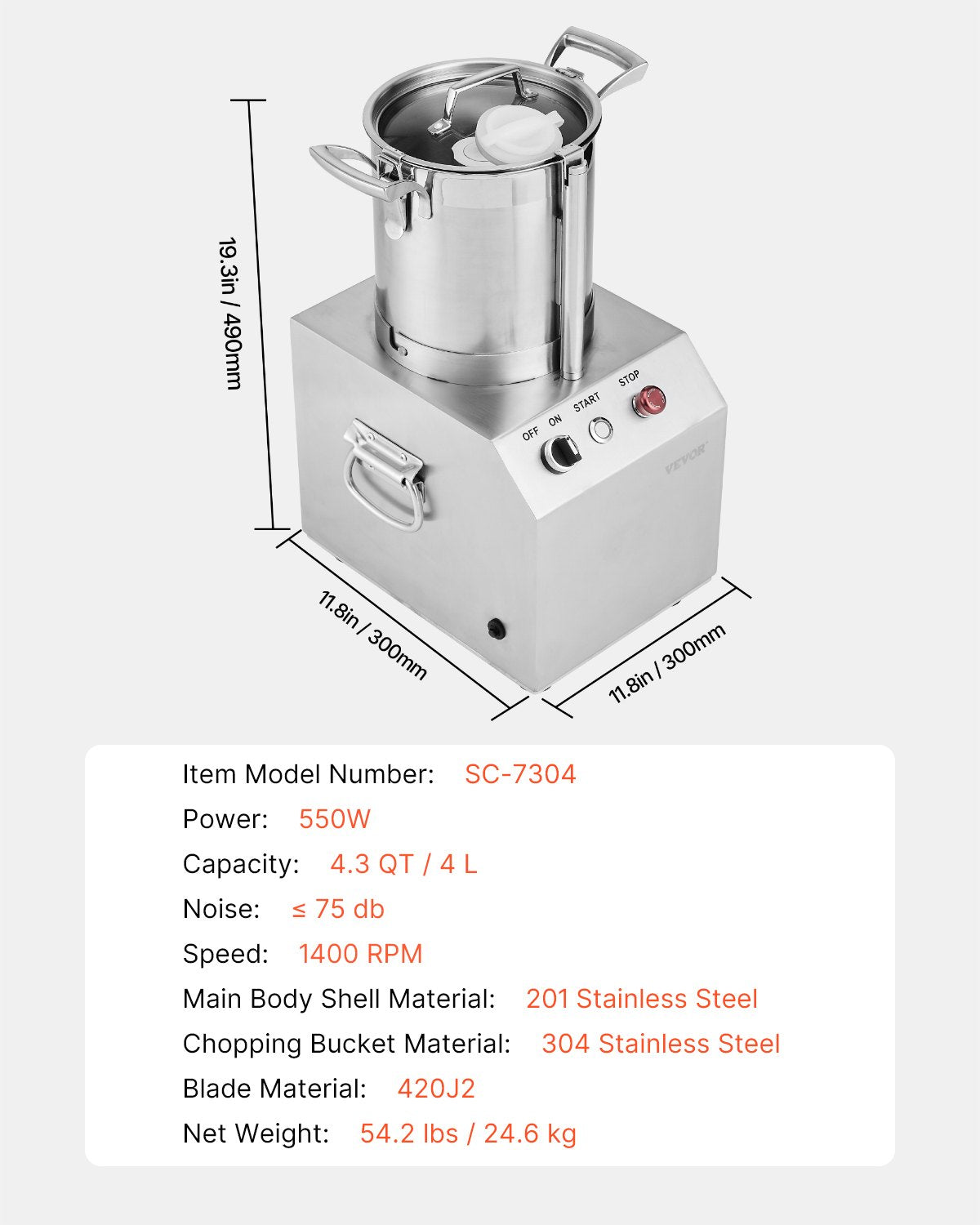 VEVOR Food Processor & Vegetable Chopper 4L Food-Grade Stainless Steel Blender