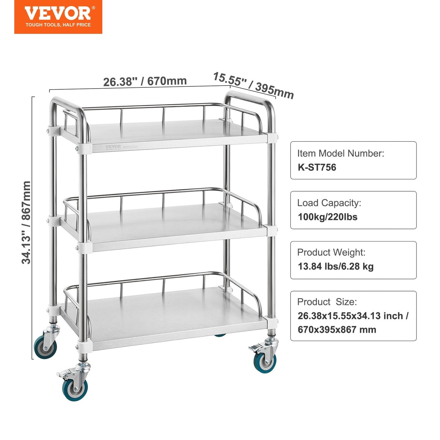 3-Shelf Stainless Steel Lab Cart with Swivel Casters, 100 kg Capacity, 0.67 m