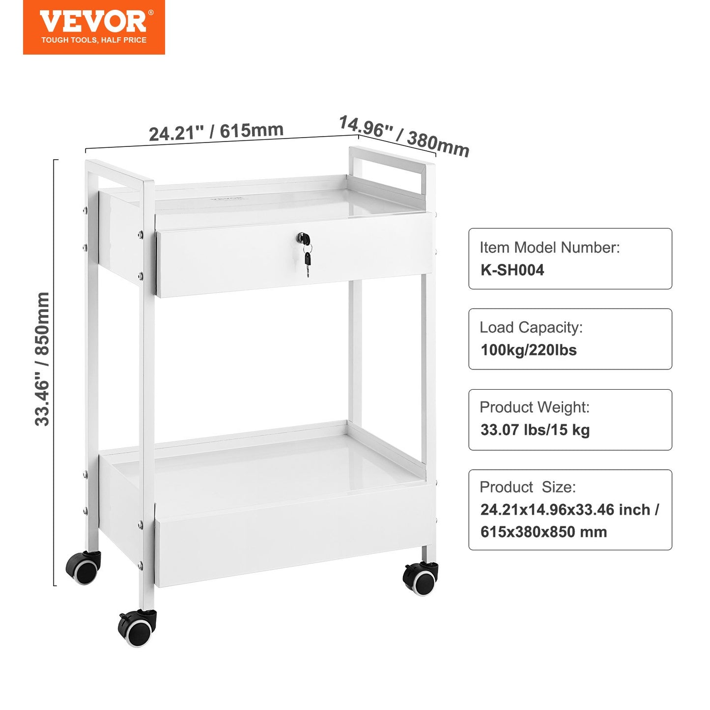 VEVOR Lab Cart, 2 Tiers Stainless Steel Utility Cart, Medical Cart with 2 Drawers,
