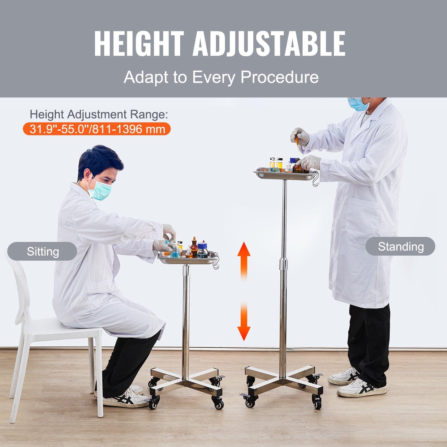 Stainless Steel Adjustable Mayo Stand with Wheels, 16.5 kg Capacity, 0.81-1.4 m Height