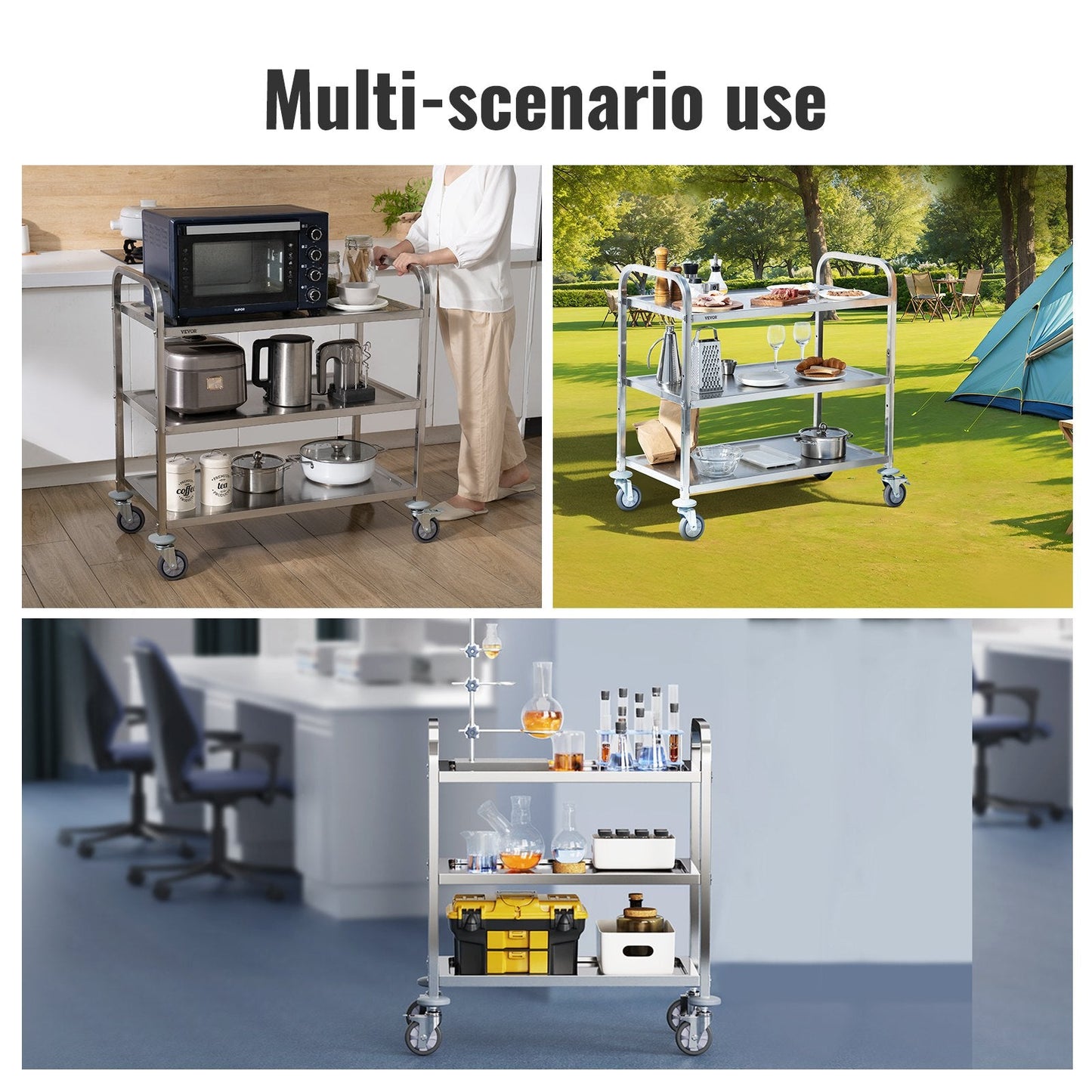 Stainless Steel 3-Tier Utility Cart with Lockable Wheels, 181 kg Capacity