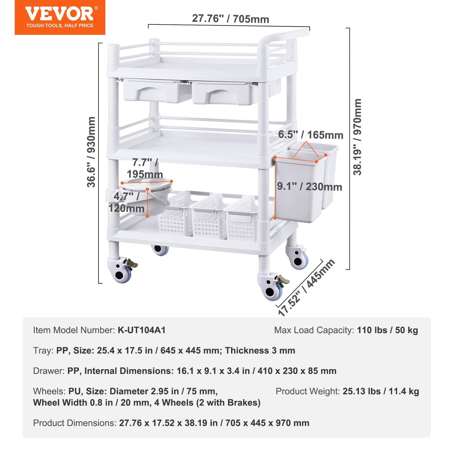 3-Tier Mobile Medical Cart with Trays & Trash Cans, White, 50 kg Capacity