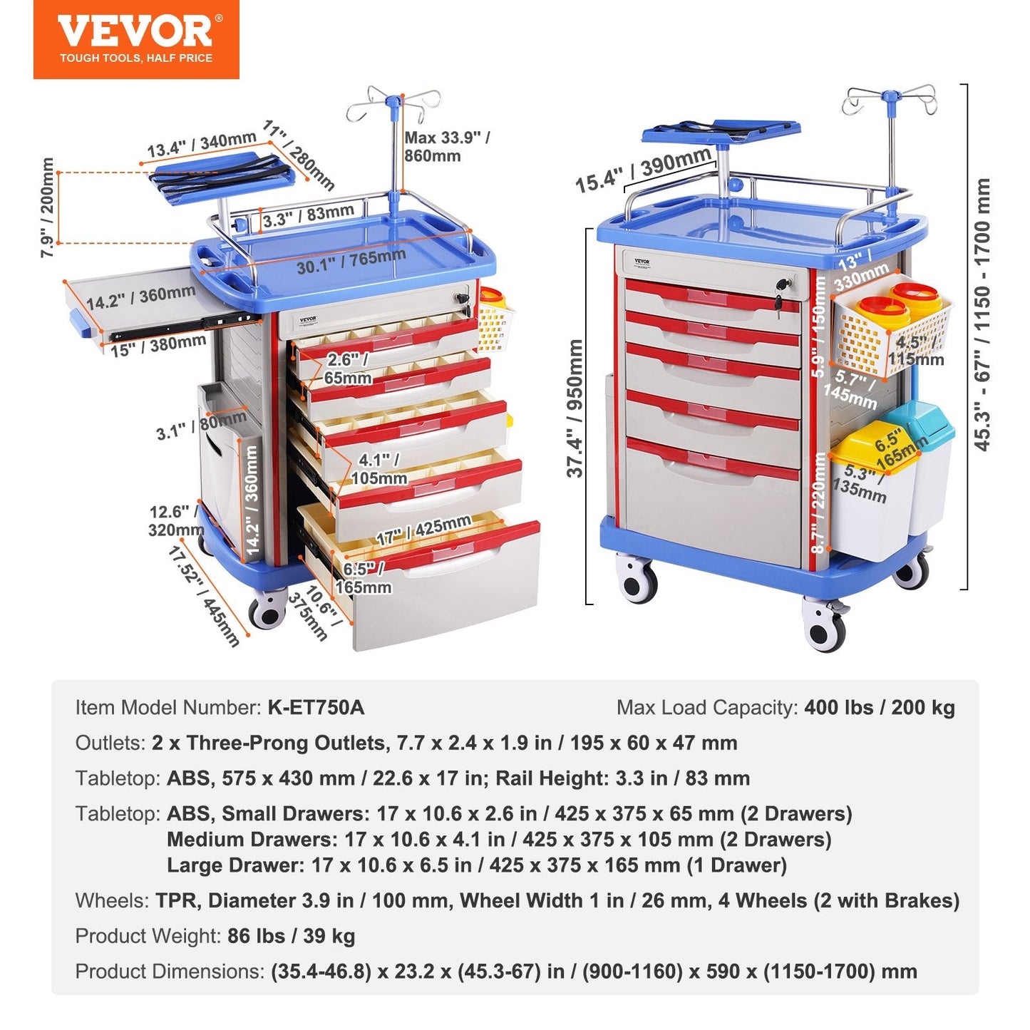 Mobile Medical Cart with 5 Drawers, 2 Trash Cans, and Easy Mobility - Blue