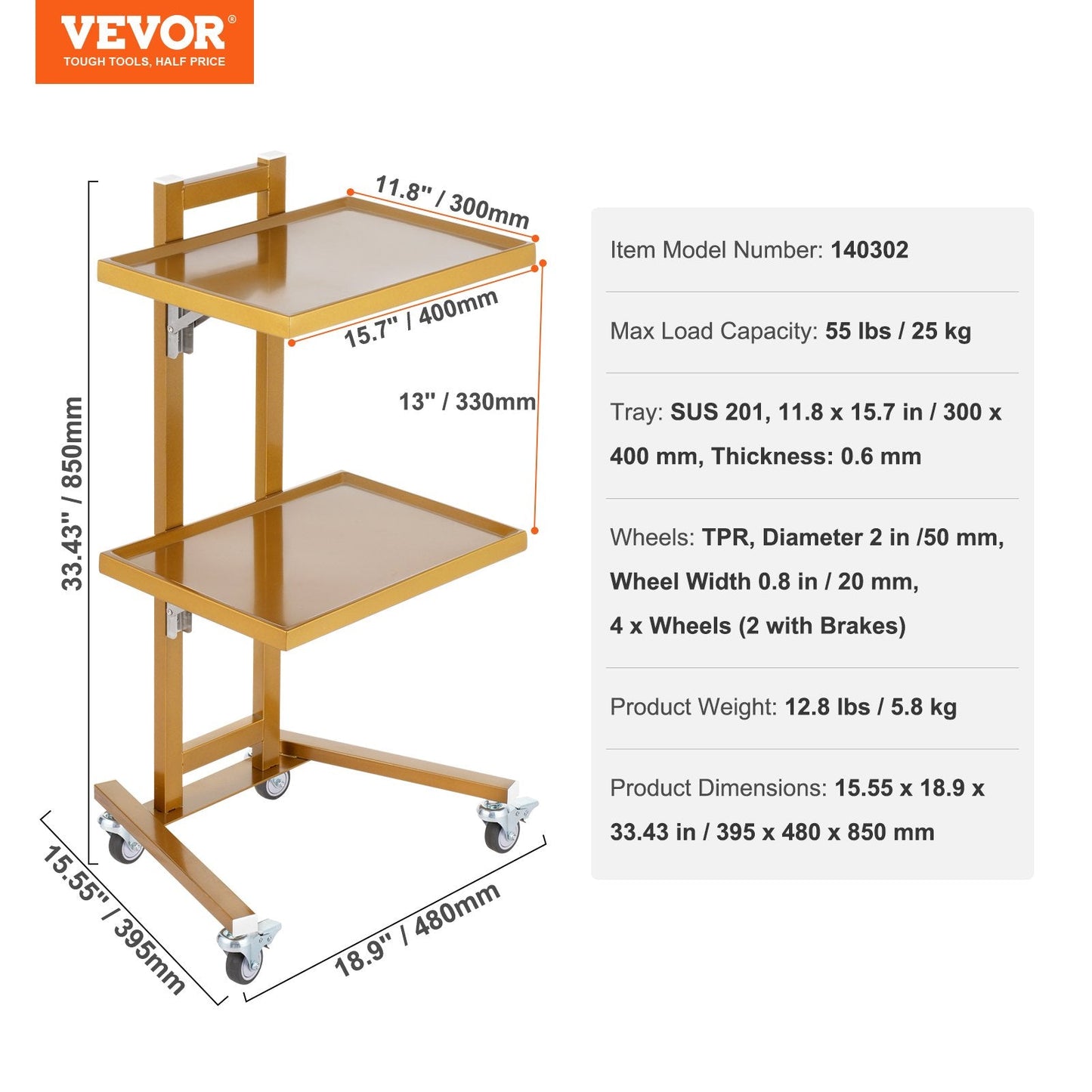 Golden 2-Tier Stainless Steel Lab Cart with Trays & Silent Wheels, 25 kg Capacity