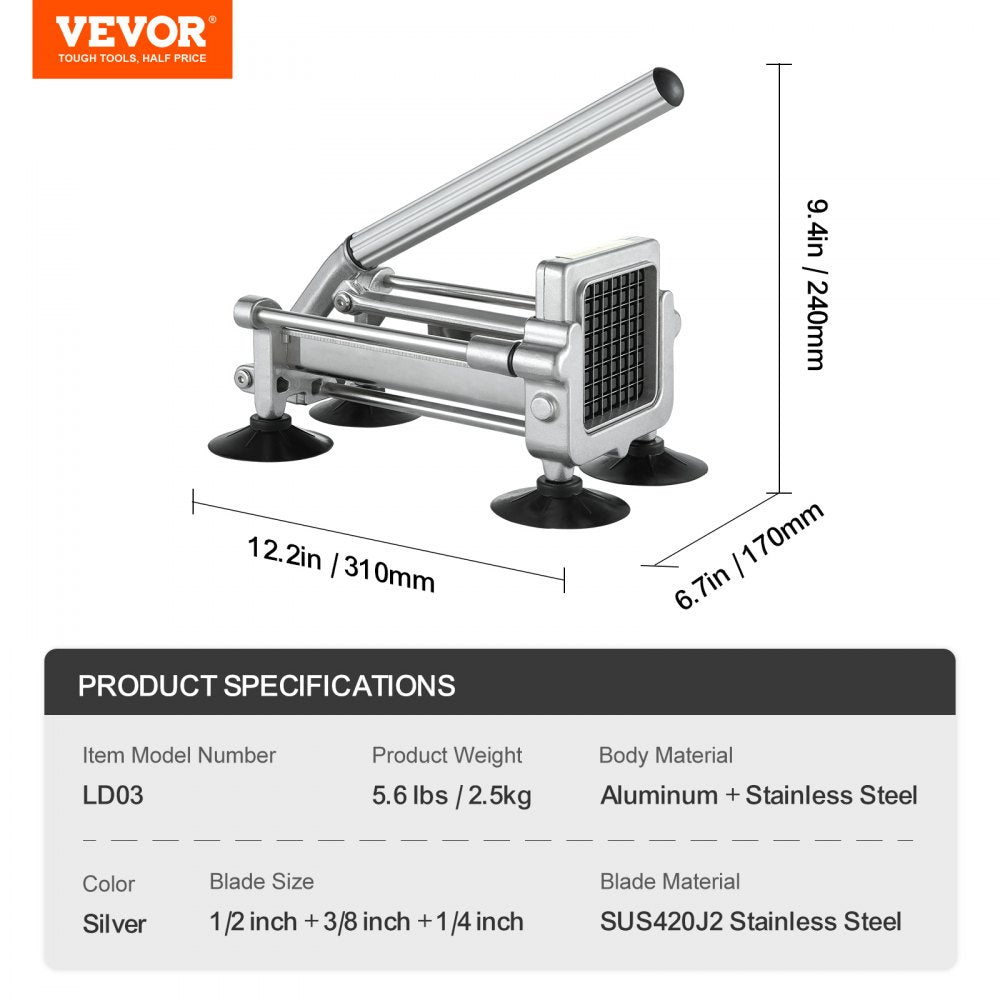 VEVOR French Fry Cutter Stainless Steel Potato Vegetable Slicer Chopper 3 Blades