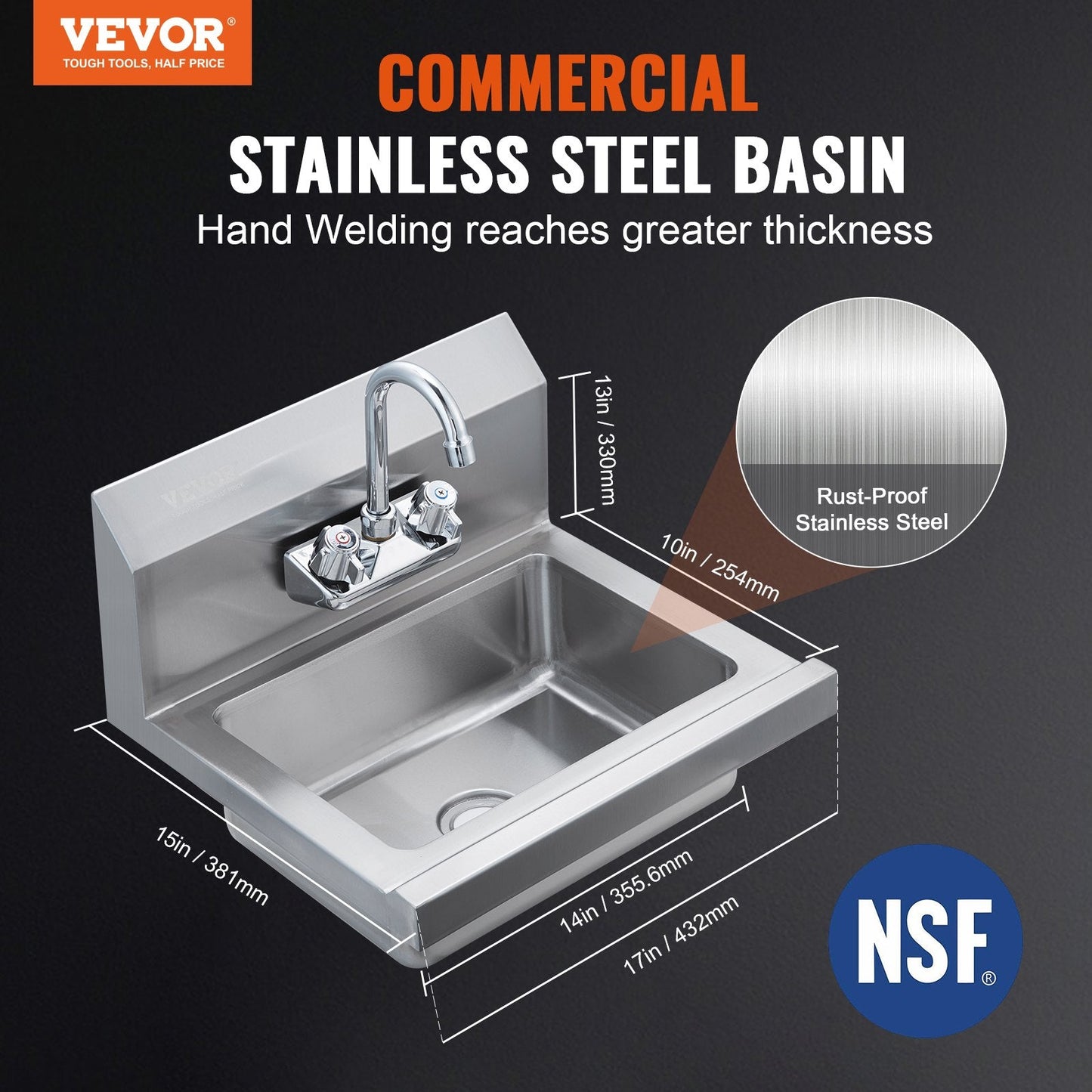Commercial Wall Mount Hand Wash Sink, Stainless Steel, 0.43x0.33 m, 104 kg Capacity