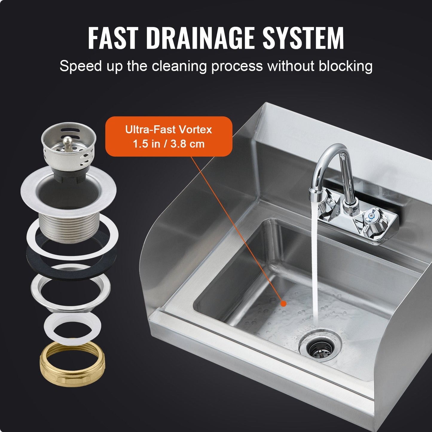 Stainless Steel Wall-Mount Hand Sink with Faucet & Side Splash, 43x33 cm
