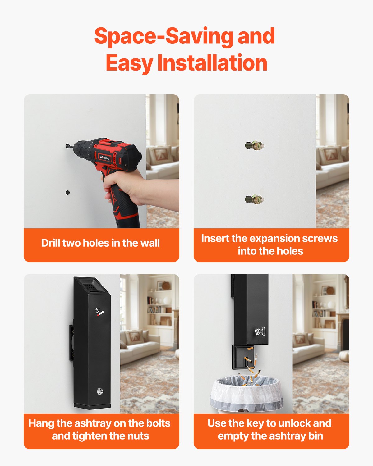 VEVOR Cigarette Butt Receptacle Stainless Steel Wall Mounted Butt Disposal Black