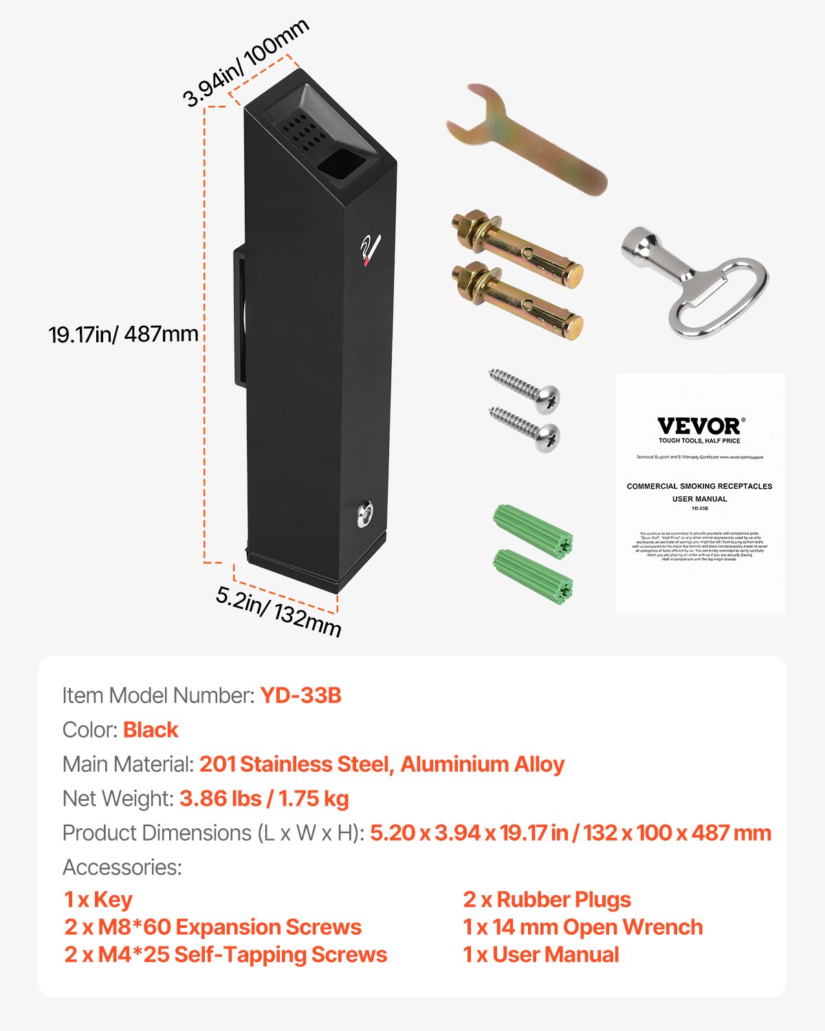 VEVOR Cigarette Butt Receptacle Stainless Steel Wall Mounted Butt Disposal Black