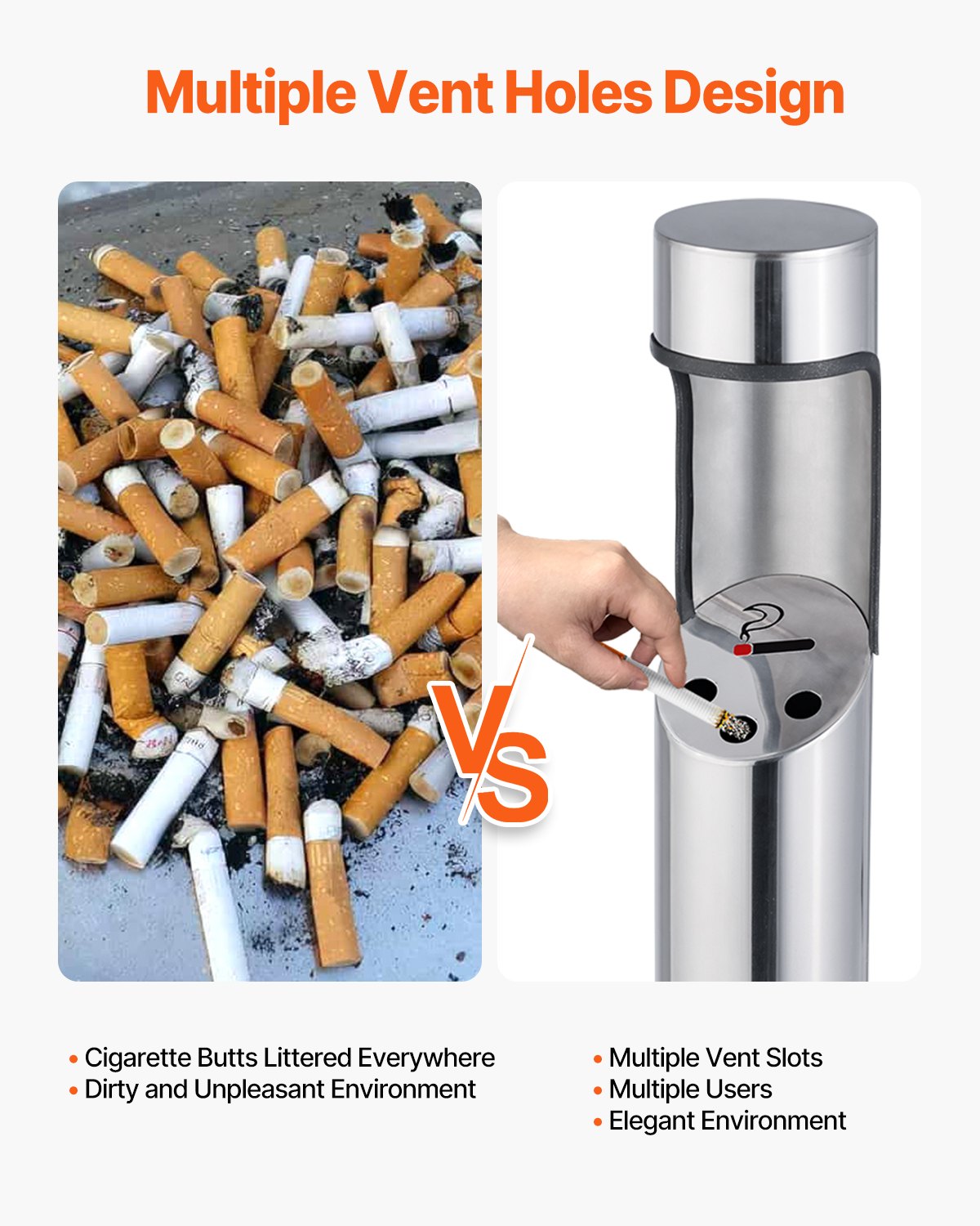 VEVOR Cigarette Butt Receptacle Stainless Steel Cylinder Butt Disposal Silver