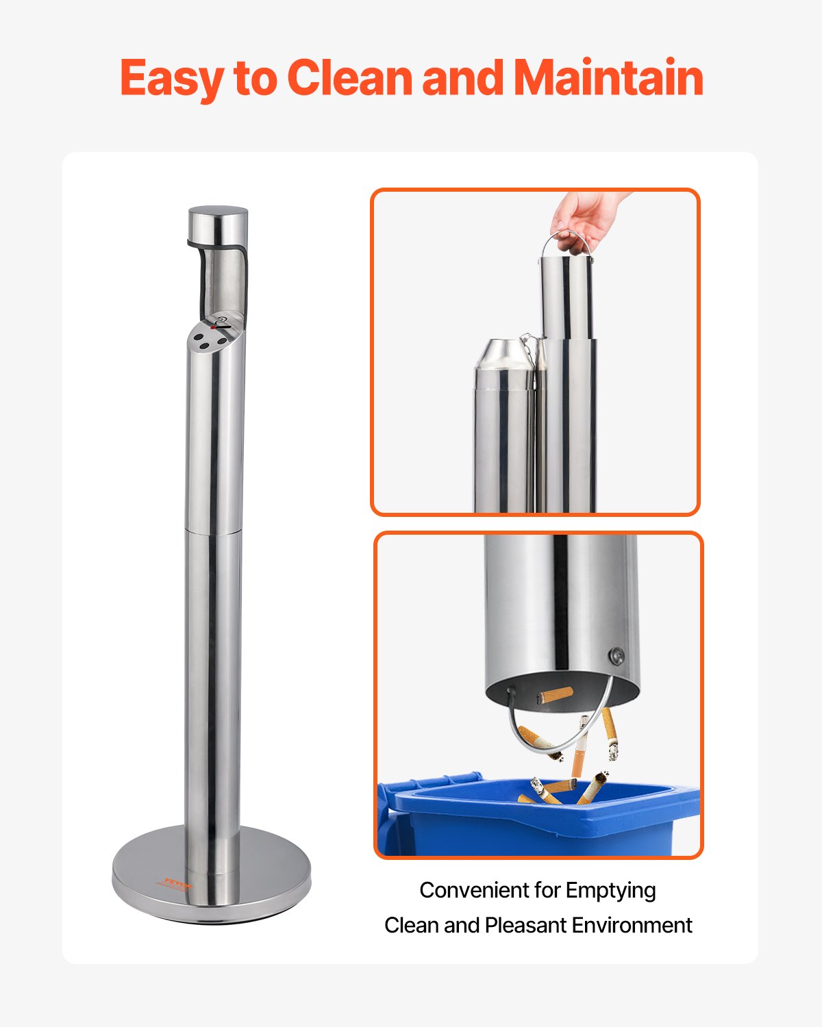 VEVOR Cigarette Butt Receptacle Stainless Steel Cylinder Butt Disposal Silver