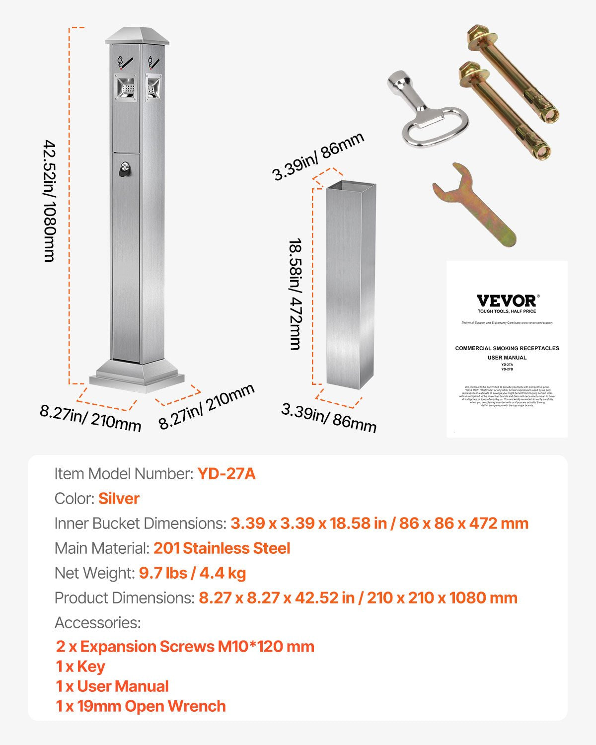 VEVOR Cigarette Butt Receptacle with 4 Disposal Openings Stainless Steel Silver