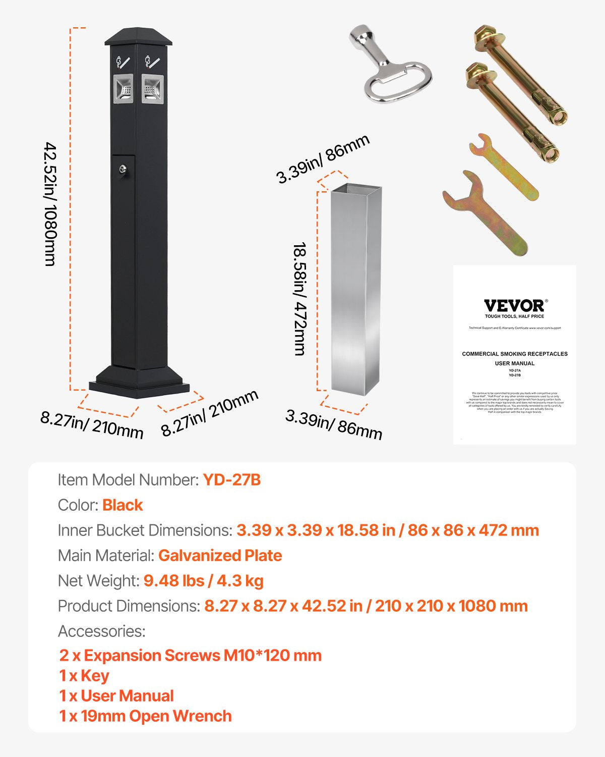 VEVOR Cigarette Butt Receptacle with 4 Disposal Openings Butt Disposal Black