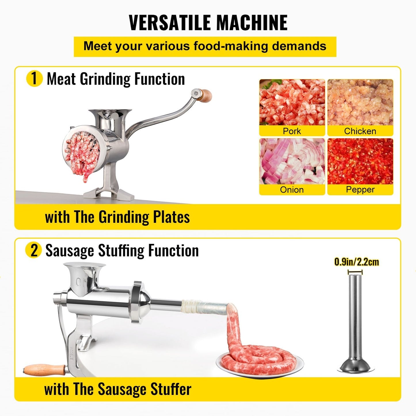 Heavy Duty Manual Meat Grinder & Sausage Filler with Stainless Steel Clamp