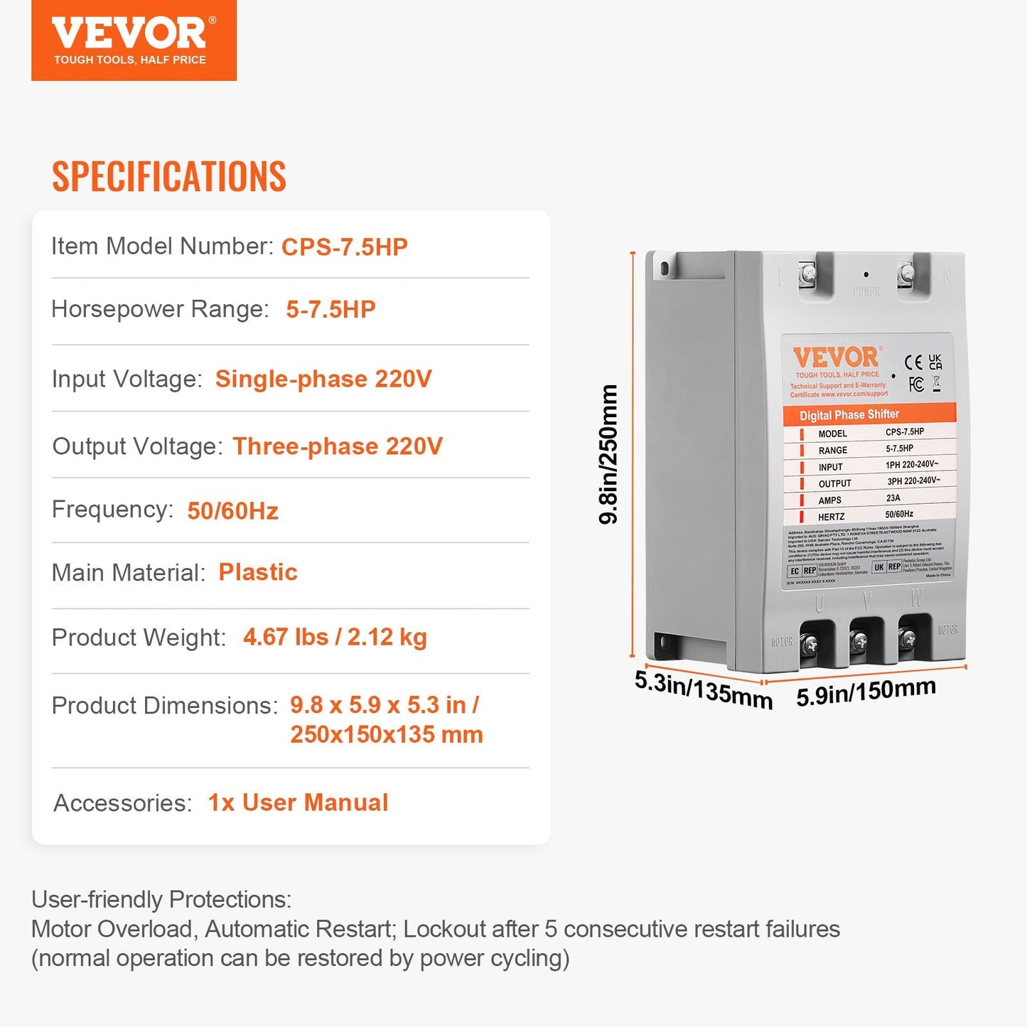 7.5HP 220V Digital Phase Converter, Single to 3 Phase, 2.12 kg, 0.25m Compact