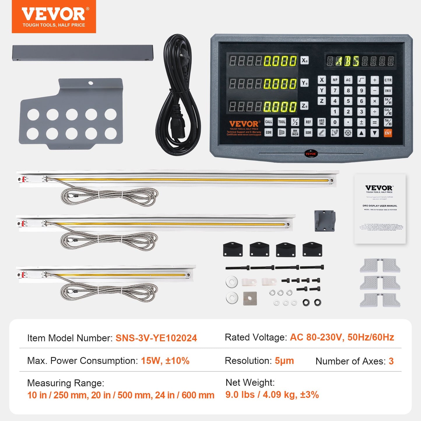 VEVOR Digital Readout, 250 mm & 500 mm & 600 mm, Linear Scale 3 Axis DRO Display
