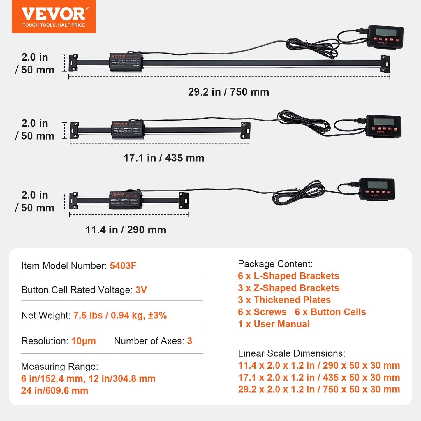 3-Axis Digital Readout Kit with 0.15m, 0.3m & 0.6m Linear Scales