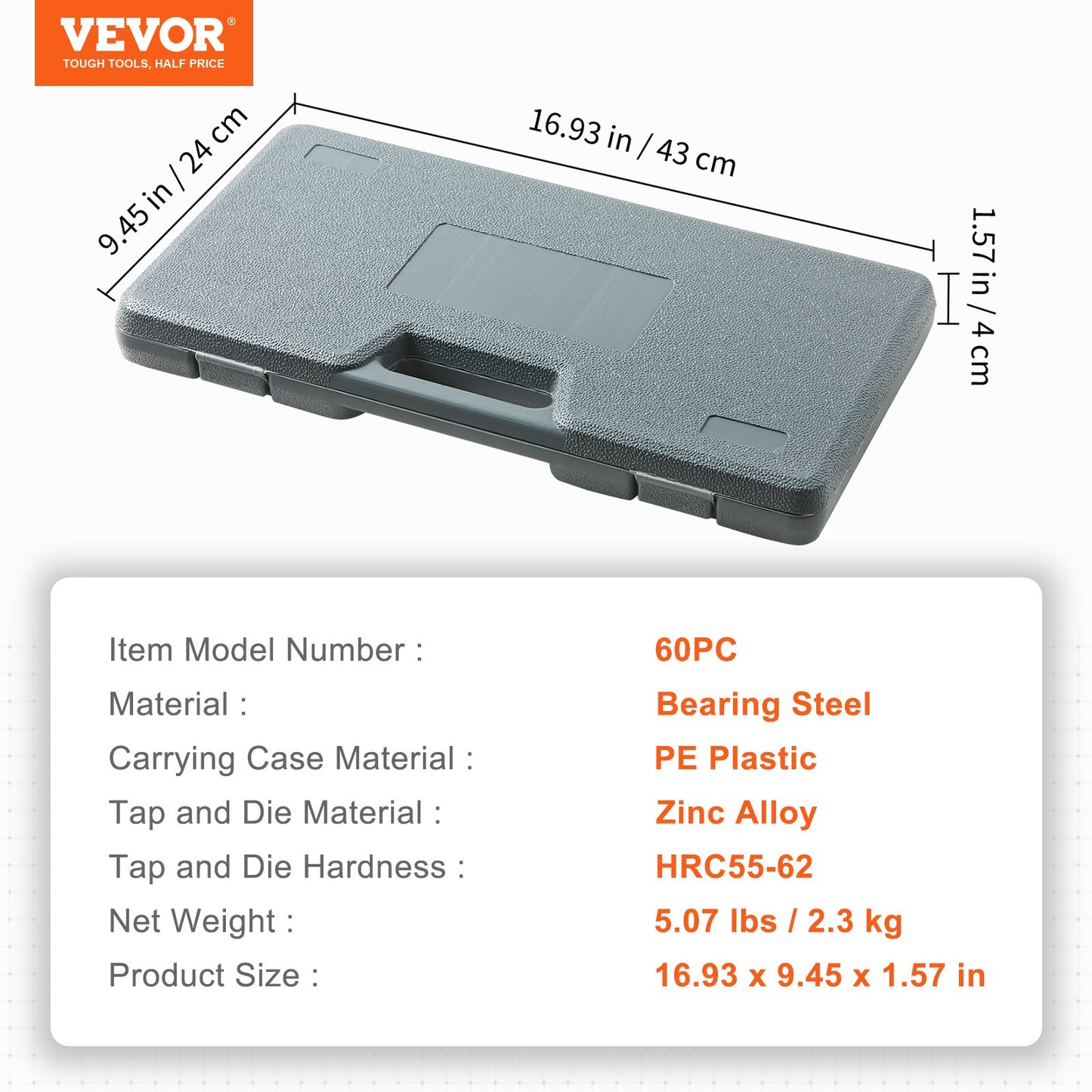 VEVOR Tap and Die Set 60Pcs Metric and SAE Standard Bearing Steel Threading Tool