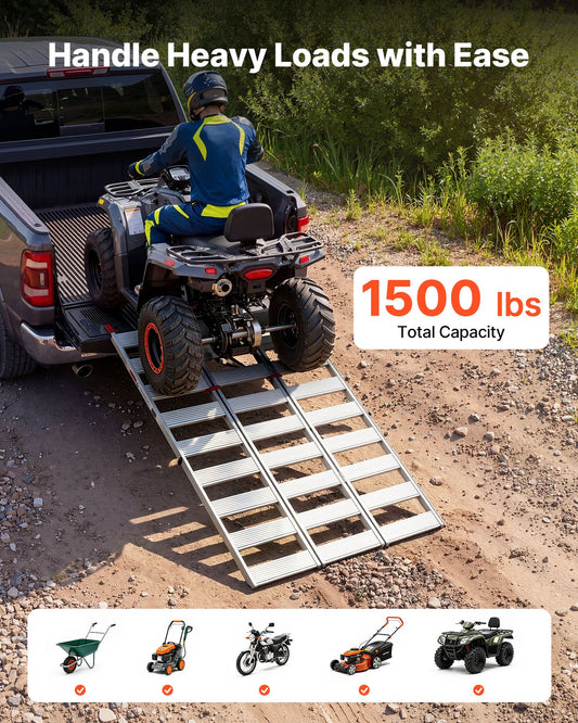 Aluminum Trailer Ramps, 1945 x 1260mm Tri-Folding Truck Ramps with Straps & Non-Slip Rubber Fingers, 680kg Capacity ATV Loading Ramps for Pickup Trucks, Motorcycles, Lawn Mowers, Tractors, Carts